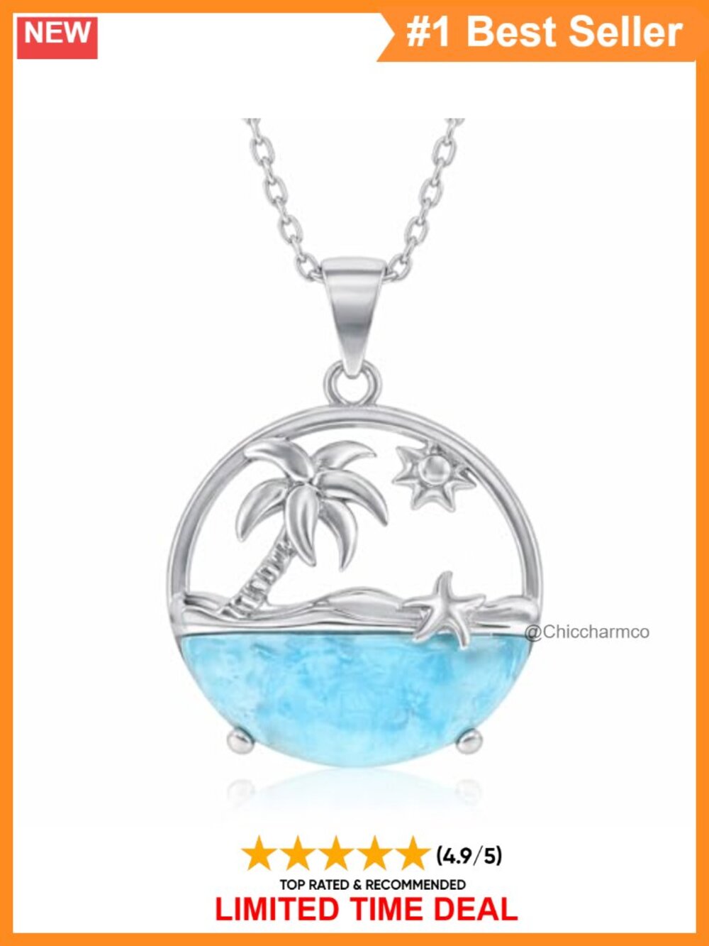 925 Sterling Silver Natural Larimar Pendant Necklace Nautical Palm Tree Starfish